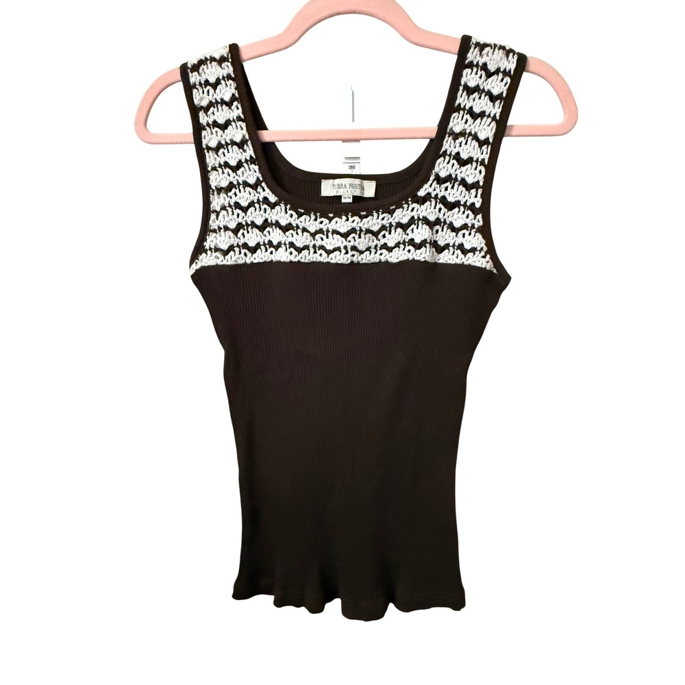 Terra Nostra Brown Ribbed Knit Crochet Lace Tank Top Scoop Neck T2T009A M